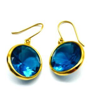 Blue Rivoli Glass Dangle Earrings Gold Tone Glam Bling Sparkle Holiday Party